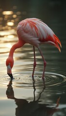 Flamingo drinking water in serene outdoor setting