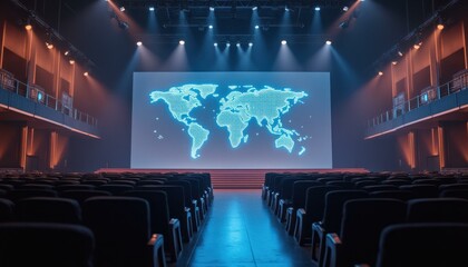 Futuristic auditorium with glowing world map on large screen