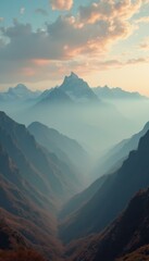 Majestic mountain range at sunrise with serene landscape
