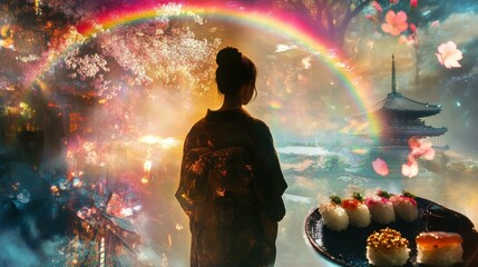 Contemplative young Asian woman in kimono by cherry blossoms