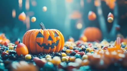 Jack-o'-lantern and Halloween candy in spooky yard at night
