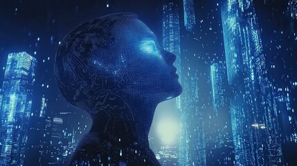 Adult woman as digital construct in futuristic city at night