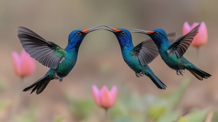 Obraz premium A mesmerizing scene of three vibrant hummingbirds in mid-flight, showcasing their iridescent feathers against a backdrop of pink flowers, Ideal for nature enthusiasts, photographers