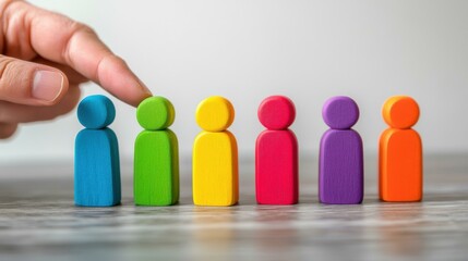 Female hand selecting colorful wooden figures on tabletop