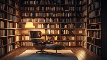 Cozy library with chair and ottoman at night