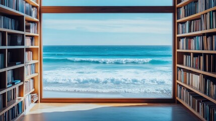 Books on a rustic bookshelf by the serene ocean shore