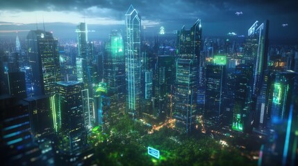 Futuristic cityscape with skyscrapers and flying vehicles at night