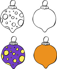 Christmas Ball silhouette set, isolated on transparent background. Vector graphic line ink illustration. Perfect for cards, decorations, stickers, logo, menu, various designs.