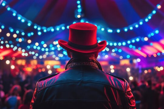 Circus Ringmaster in Red Uniform Awaits the Show