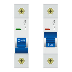 Realistic electrical circuit breaker switches. Vector illustration of two circuit breakers in On and Off positions