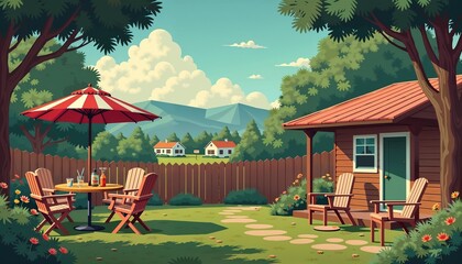 A serene backyard scene with a wooden cabin, patio furniture, and a colorful umbrella on a sunny day