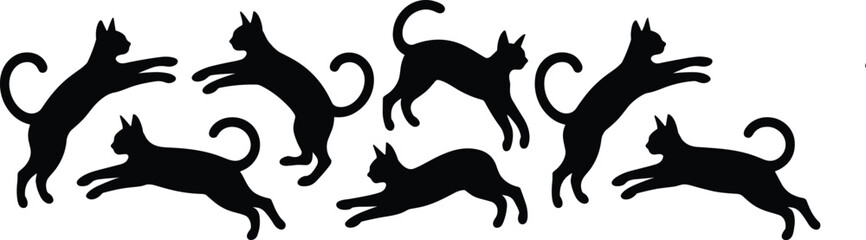 Silhouette vector illustration of playful jumping black cats in motion, isolated on white background, perfect for pet, animal designs