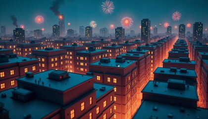 A vibrant city skyline illuminated by fireworks and glowing windows during a festive night
