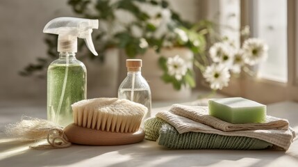 Natural Cleaning Products And Eco-Friendly Bath Accessories In Sunlit Room. Promoting Sustainable Living And Green Home Practices