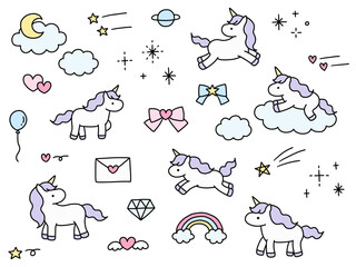 かわいい手書きのユニコーンのベクターイラストセット。馬、リボン、ハート、落書き、ゆめかわ