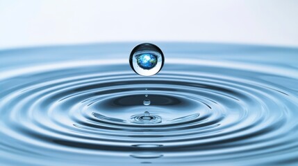 Water Droplet Creating Ripples on Calm Surface with Reflection in a Serene Blue Environment