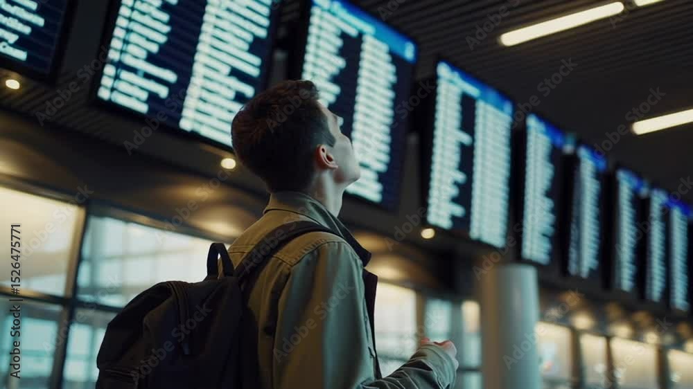 Poster young traveler with backpack looking up at timetable display in airport terminal trying to find info
