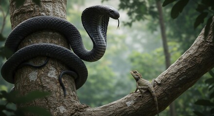 Fototapeta premium Cobra looms over a lizard in a forest