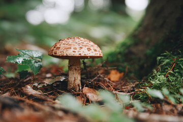 a mushroom is sitting in the forest