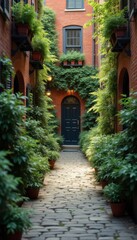 Fototapeta premium Serene alleyway with door and plants in city during daytime