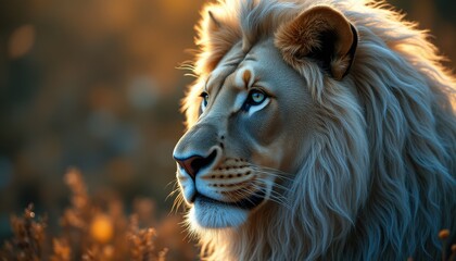 Naklejka premium Majestic lion looking to the side in savanna during daytime