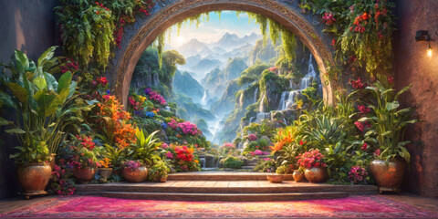 Enchanting Garden Archway with Waterfall View