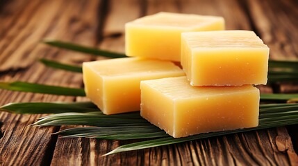 Artisanal natural soap bars arranged on palm leaves and rustic wooden surface