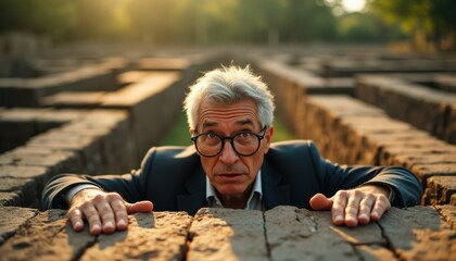 Curious older man looking over stone wall in park maze