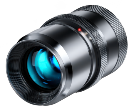 Professional Photography Lens with Bright Reflection and Detailed Silver Metallic Design on Transparent Background