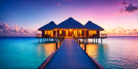 Obraz premium Overwater Bungalow at Sunset in the Maldives.