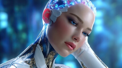 Futuristic Woman, AI, Artificial Intelligence, Blue Eyes, Close Up