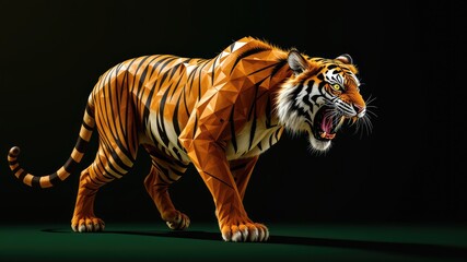 Surprised animal, tiger in the wild, low-poly tiger images, dog on a black isolated background