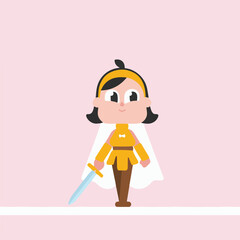 Cartoon Girl Warrior with Sword and Cape on Pink Background