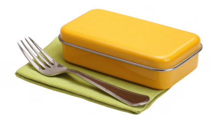 Yellow lunch box closed and placed on a green napkin with a fork resting on top, isolated on a transparent background, promoting healthy eating habits and sustainable practices