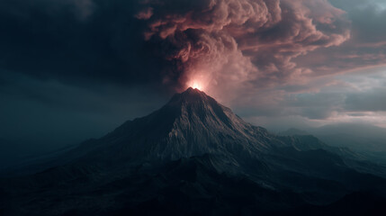 Volcano Erupting with Dramatic Smoke Plume and Fiery Glow