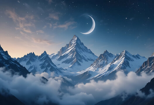 Majestic snowy mountains under a crescent moon and starry sky at dusk
