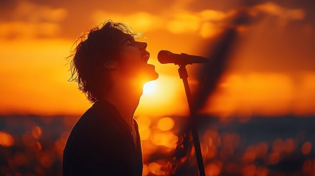 Man singing at sunset on stage with ocean backdrop