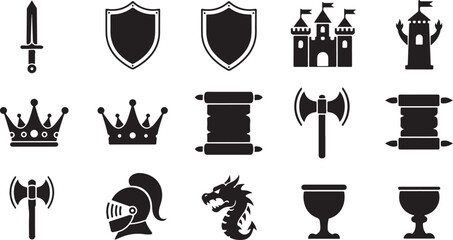 Medieval &mdash; sword, shield, castle, crown, scroll, torch, axe, knight helmet, dragon, goblet. black and white icon sheet