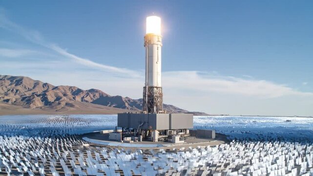 Large Solar Power Plant Tower With Reflectors In Desert Landscape