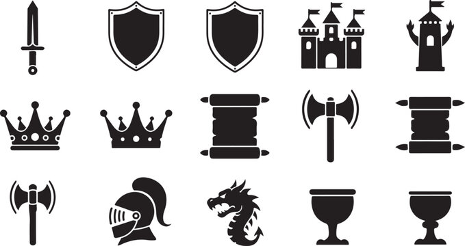 Medieval &mdash; sword, shield, castle, crown, scroll, torch, axe, knight helmet, dragon, goblet. black and white icon sheet