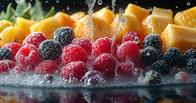Close-up shot of various fruits, water droplets, and splash on black background. Highlighted of fruits include raspberries, blackberries, and pineapple. It has splashes of water