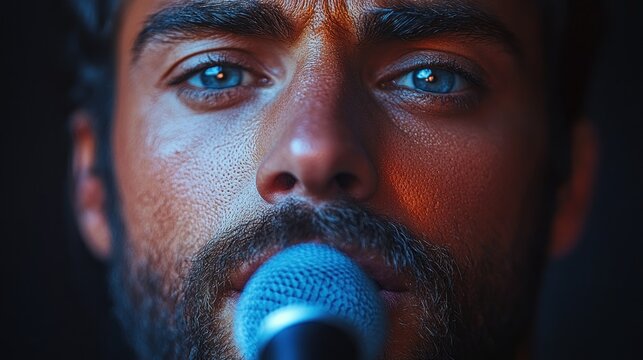 Man singing onstage with intense emotion, blue lights