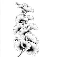 Fototapeta premium This black and white botanical artwork depicts a branch of the Ginkgo Biloba tree. Multiple leaves and buds are showcased in a detailed, finely drawn illustration