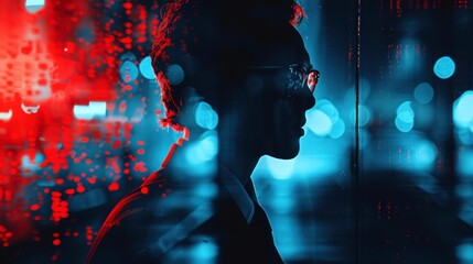 Silhouette of a person with glasses with a vibrant neon red and blue bokeh effect, looking pensive