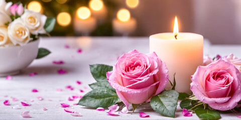 Romantic Pink Roses and Lit Candle with White Roses in Background
