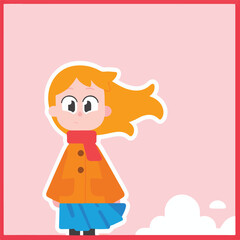 Girl with orange hair, winter coat, and windblown hair.