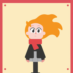 Cute cartoon girl with red hair and scarf illustration.