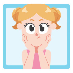Obraz premium Cartoon Girl Resting Chin on Hands, Happy Expression