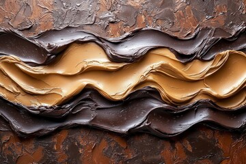 Abstract expression of swirling bands of chocolate and peanut butter, creating a rich textural pattern. The dark and light brown hues provide a warm and inviting aesthetic