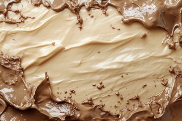 A mixture of two colors liquid, tan and dark brown, is spreading from the center with muddy borders forming splashes around the edges and creating a textured surface